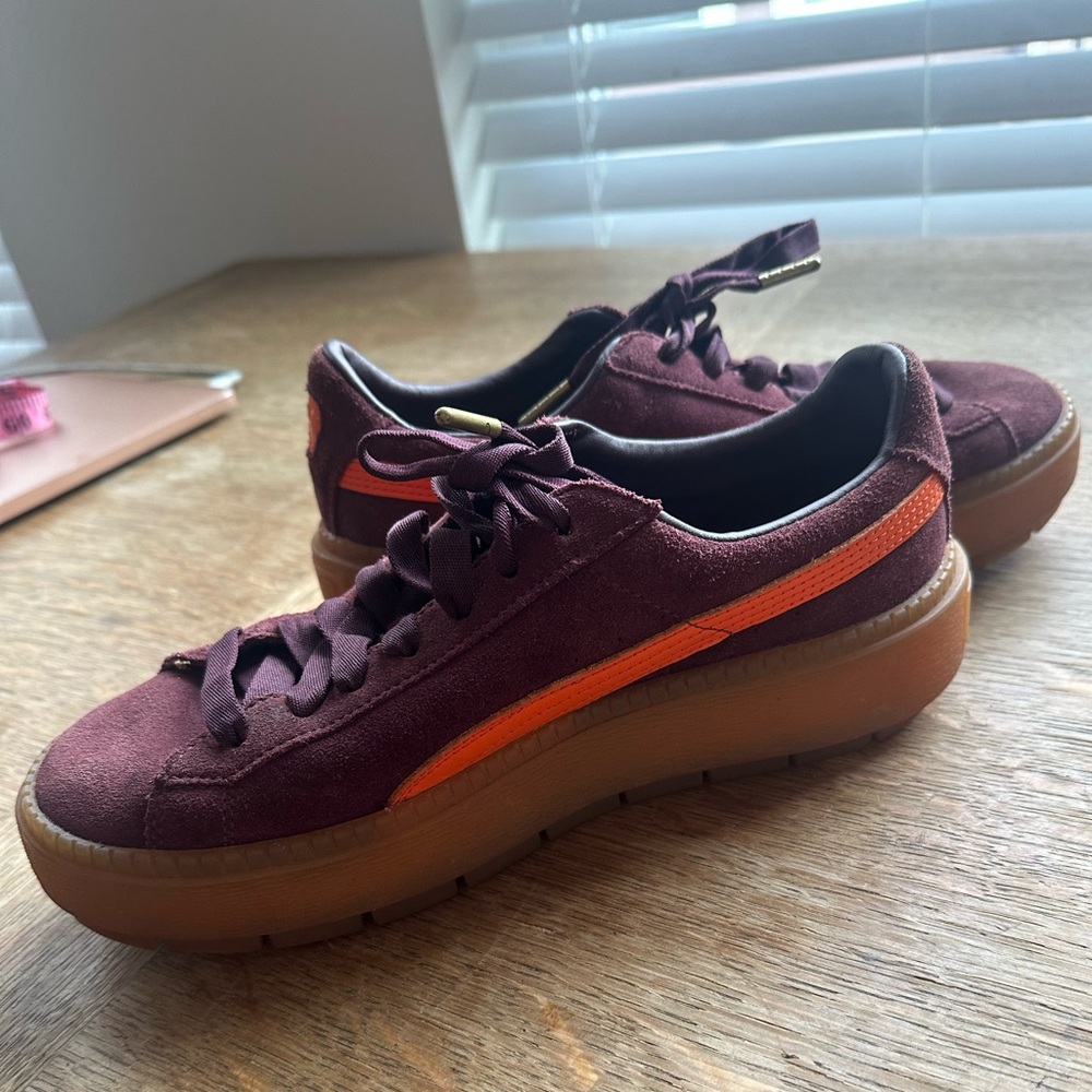 Women’s Puma Suede Platform Trace Sneakers in “Winetasting Flame” - Picture 2 of 11